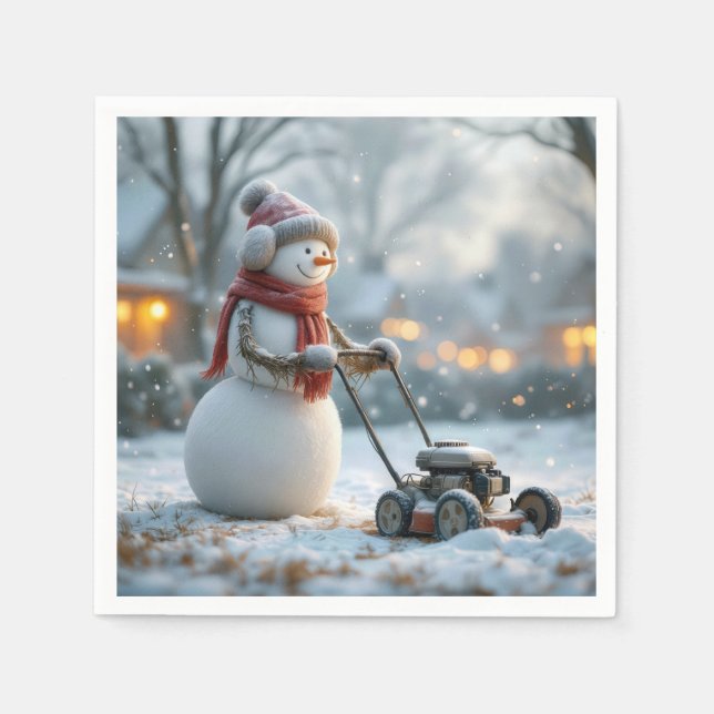 Snowman Pushing an Old Push Lawnmower Napkin (Front)