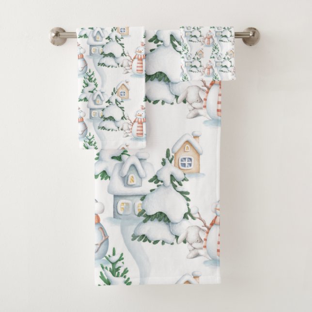 Snowman Rabbit Tree Snow House Christmas Bath Towel Set (Insitu)