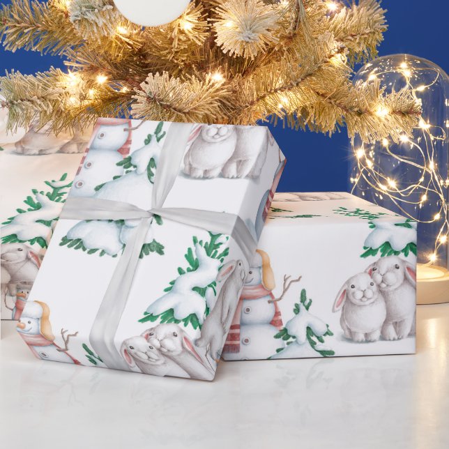Snowman Rabbits Trees Snow Watercolor Christmas Wrapping Paper (Holidays)