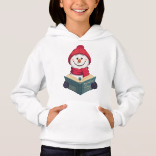 Snowman reading book and smiling.