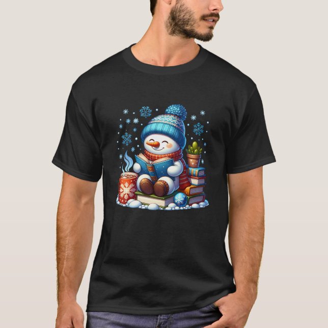 Snowman Reading Book Lovers Christmas Bookworm Lib T-Shirt (Front)