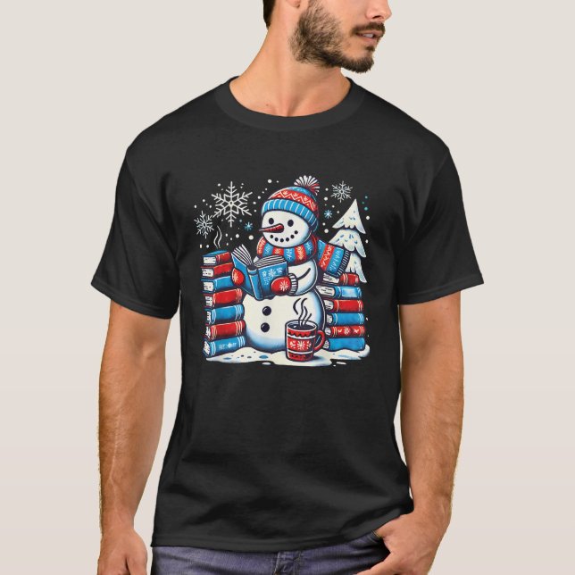 Snowman Reading Book Lovers Christmas Bookworm Lib T-Shirt (Front)