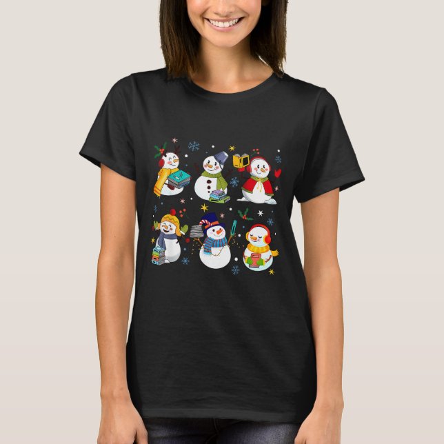 Snowman Reading Books Teacher Christmas Librarian  T-Shirt (Front)