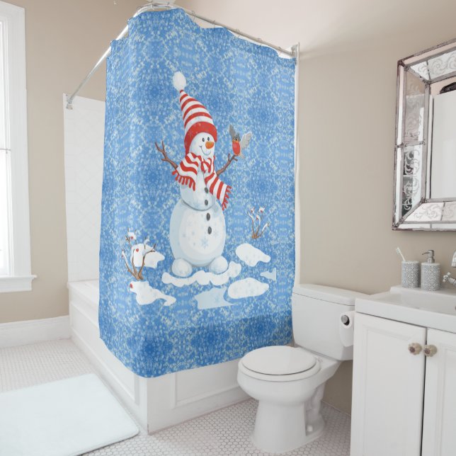 Snowman Red Bird Christmas Bathroom Tub Shower Cur Curtain (In Situ)