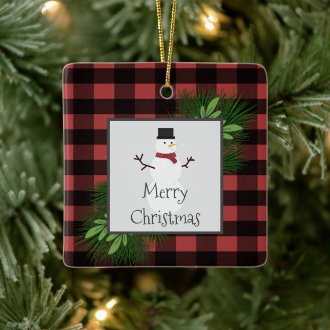 Snowman Red Buffalo Plaid Ceramic Ornament (Tree)