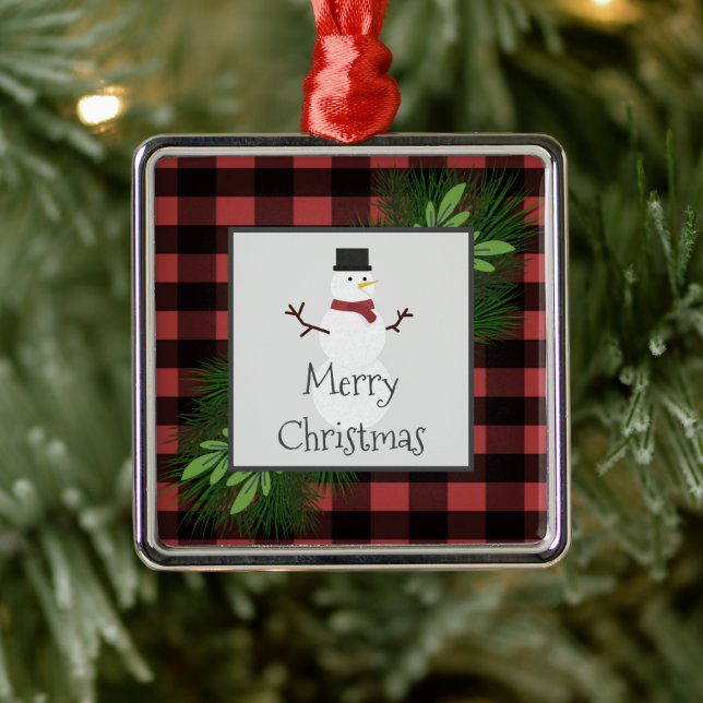 Snowman Red Buffalo Plaid Ceramic Ornament (Tree)