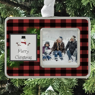 Snowman Red Buffalo Plaid Framed   Black and Red Silver Plated Framed Ornament