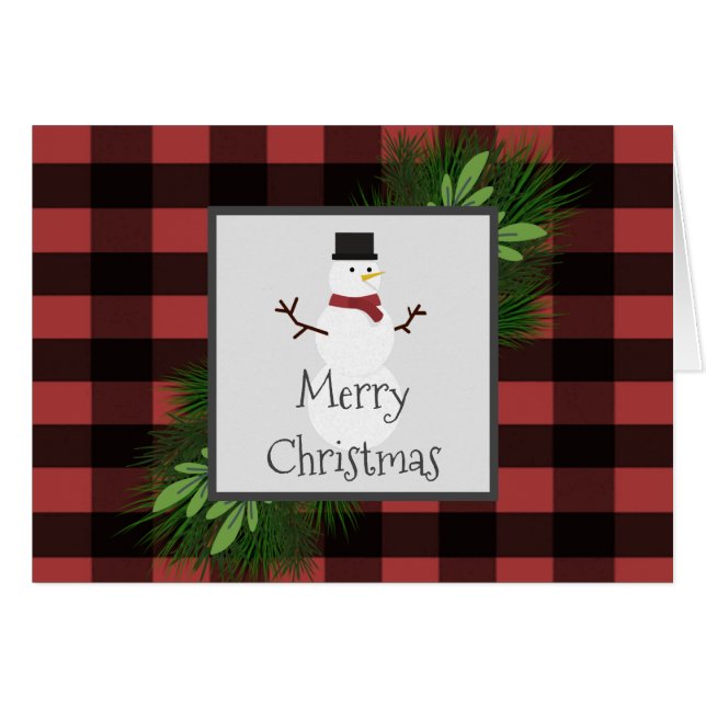 Snowman Red Buffalo Plaid Greeting Card (Front Horizontal)