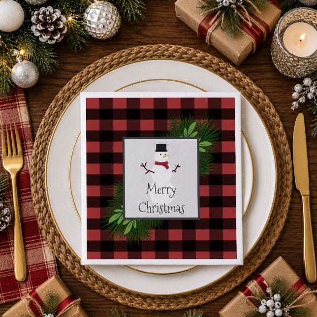 Snowman Red Buffalo Plaid Paper Napkin (Snowman Red Buffalo Plaid Paper Napkins)