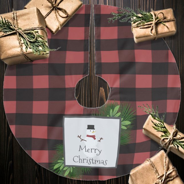 Snowman Red Buffalo Plaid | Red and Black Brushed Polyester Tree Skirt (Red Snowman Buffalo Plaid Christmas Tree Skirt)