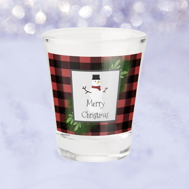Snowman Red Buffalo Plaid Shot glass (Red Snowman Buffalo Plaid Shot Glass)