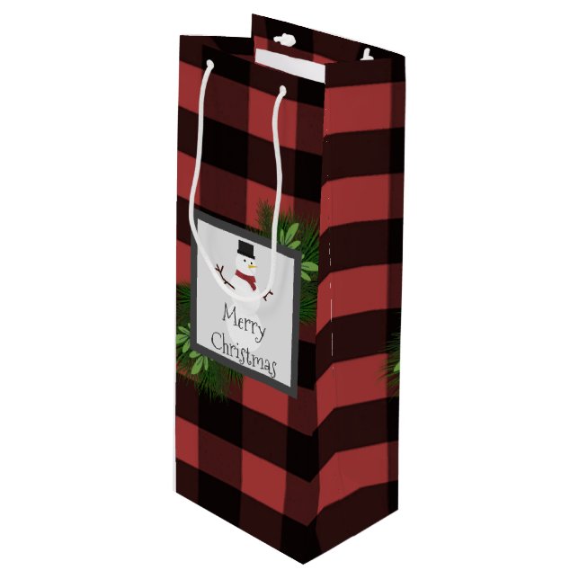 Snowman Red Buffalo Plaid Wine Gift Bag (Front Angled)