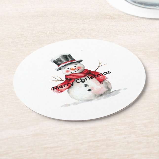 Snowman Red Scarf Christmas Round Paper Coaster (Angled)