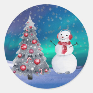 Snowman Red Tree Aurora Watercolor Christmas Classic Round Sticker