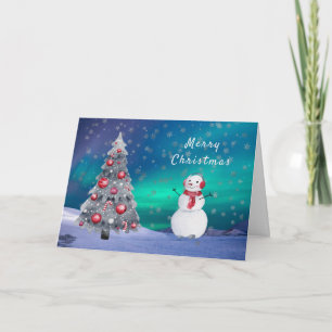 Snowman Red Tree Aurora Watercolor Christmas Holiday Card