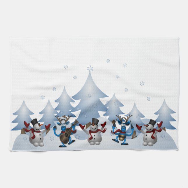 Snowman Reindeer Winter Holiday Christmas Tea Towel (Horizontal)