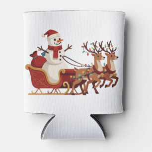 Snowman Riding a Christmas Sleigh Santa Hat Xmas Can Cooler