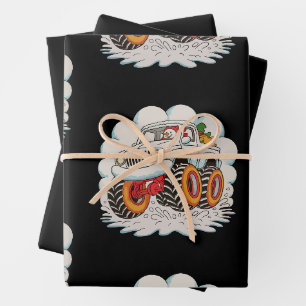 Snowman Riding Monster Truck Christmas Xmas Winter Wrapping Paper Sheet
