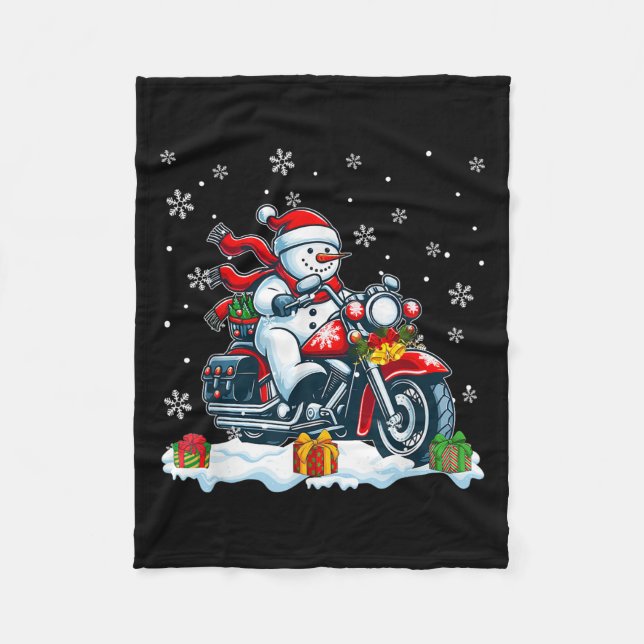 Snowman Riding Motorcycle Christmas Biker Funny Te Fleece Blanket (Front)