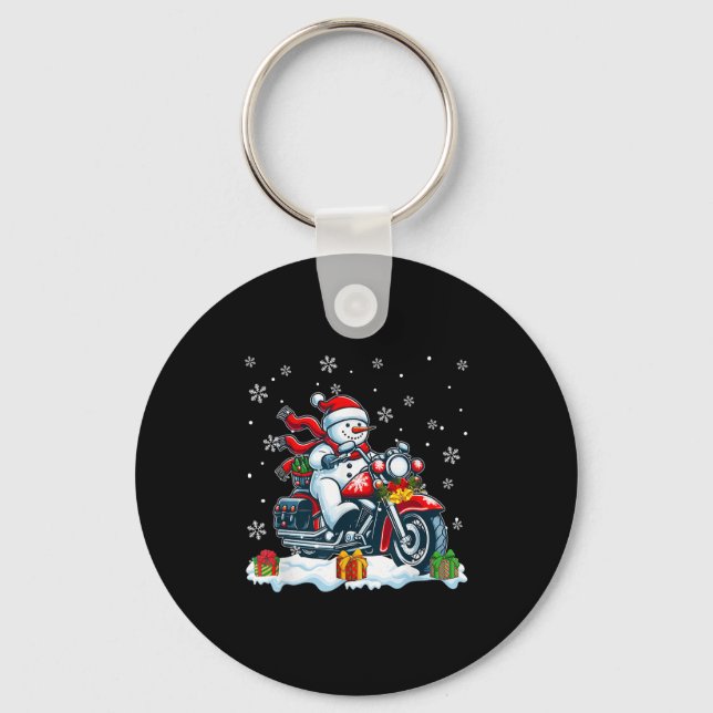 Snowman Riding Motorcycle Christmas Biker Funny Te Key Ring (Front)