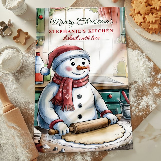 Snowman Rolling Dough Personalised Christmas Tea Towel (Creator Uploaded)