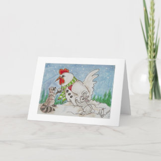 Snowman Rooster,  Racoon and Bunny Friends Holiday Card
