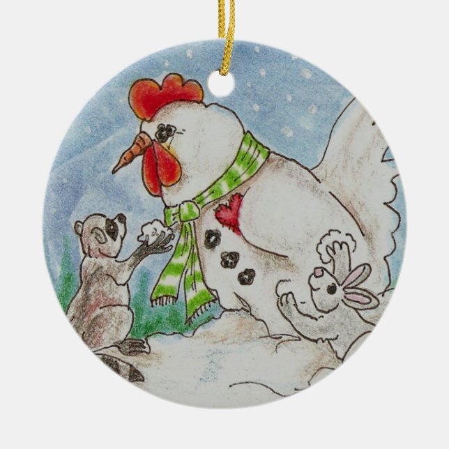 Snowman Rooster, Racoon and Bunny Wildlife Art Ceramic Tree Decoration (Front)