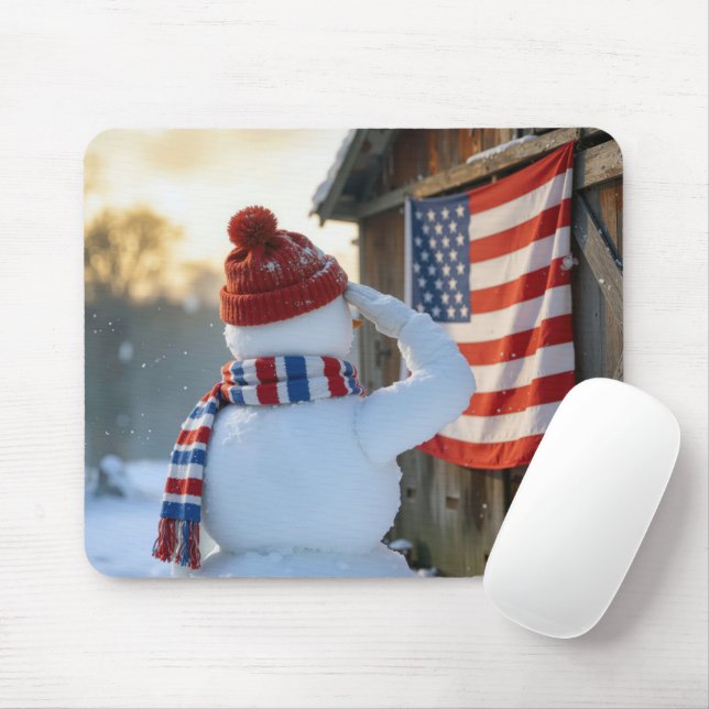Snowman Saluting an American Flag Mouse Mat (With Mouse)