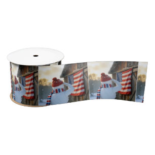 Snowman Saluting an American Flag Satin Ribbon