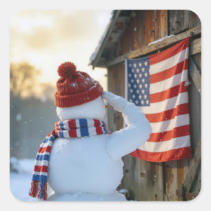 Snowman Saluting an American Flag Square Sticker