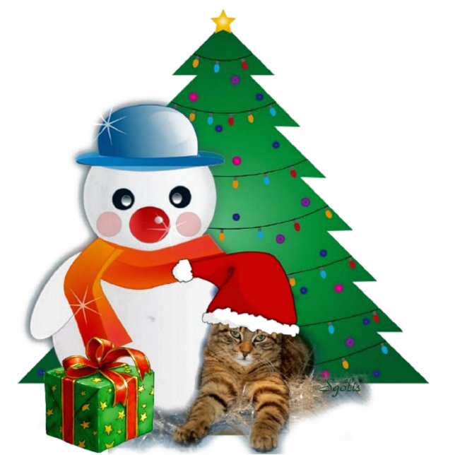 Snowman & Santa Cat Christmas  Photo Sculpture (Front)