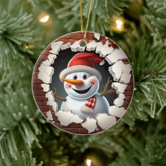 Snowman Santa Hat - 3D Ceramic Tree Decoration (Tree)