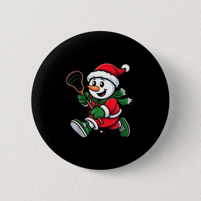 Snowman Santa Hat Playing Lacrosse Christmas Playe 6 Cm Round Badge (Front)