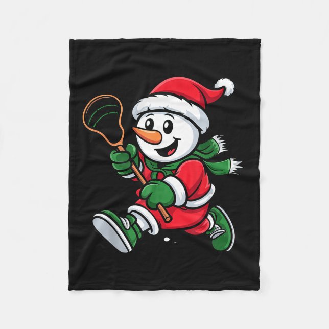 Snowman Santa Hat Playing Lacrosse Christmas Playe Fleece Blanket (Front)