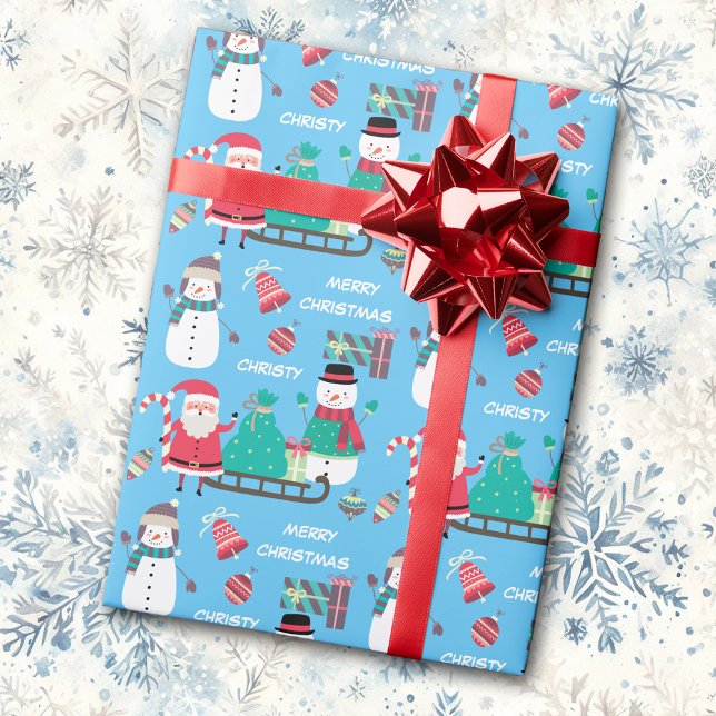 Snowman Santa Kids Personalised Blue Christmas  Wrapping Paper (Creator Uploaded)