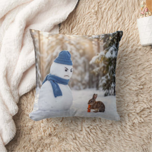Snowman Scowling at a Rabbit Cushion