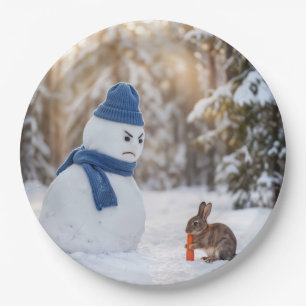 Snowman Scowling at a Rabbit Paper Plate