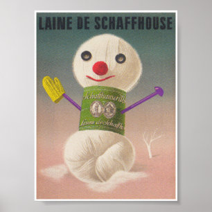 Snowman Skein of Yarn Whimsical Vintage Poster