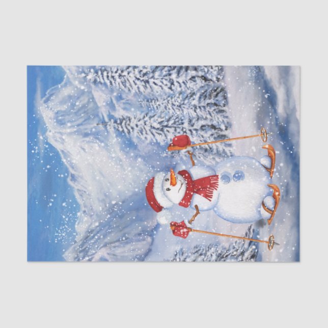 Snowman Skiing Watercolor Winter Christmas Tissue Paper (Front)