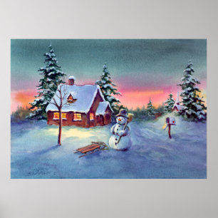 SNOWMAN & SLED by SHARON SHARPE Poster