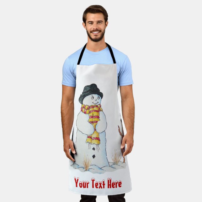 snowman smiling in the snow for fun christmas apron (Worn)