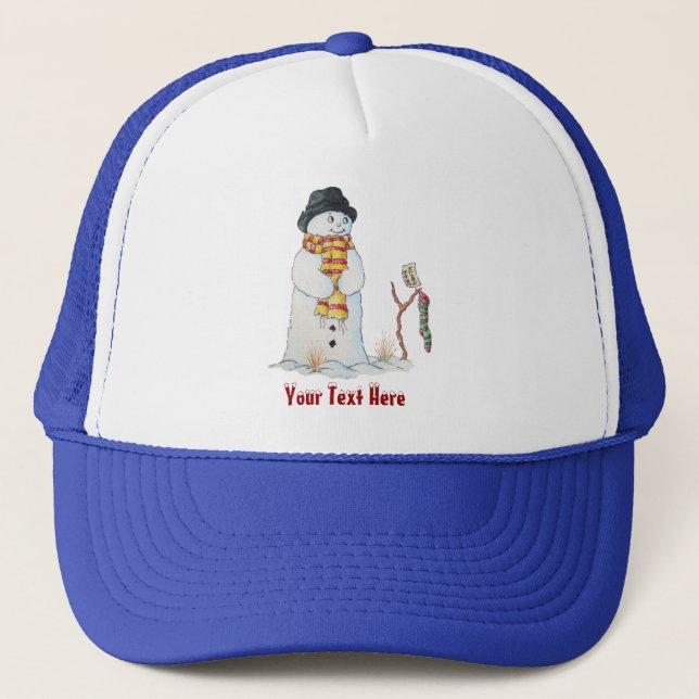 snowman smiling in the snow scene christmas trucker hat (Front)