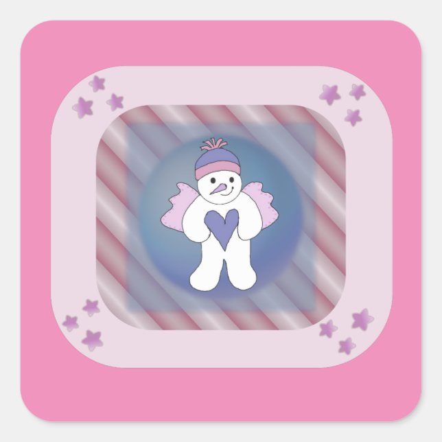 Snowman Snow Angel Pink Square Sticker (Front)