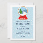 Snowman Snow Globe Cookie Illustration Christmas Holiday Card<br><div class="desc">This adorable and modern Christmas holiday greeting card is great for the holiday season. It features a hand-drawn snowman snowglobe baked cookie illustration in red, blue, and green on top of a pastel blue background with white falling snowflakes on the back are similar snowflakes and navy blue sky. It's cute,...</div>