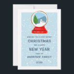 Snowman Snow Globe Cookie Illustration Christmas Holiday Card<br><div class="desc">This adorable and modern Christmas holiday greeting card is great for the holiday season. It features a hand-drawn snowman snowglobe baked cookie illustration in red, blue, and green on top of a pastel blue background with white falling snowflakes on the back are similar snowflakes and navy blue sky. It's cute,...</div>