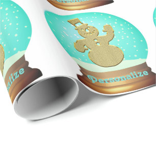 Snowman snow globe wrapping paper gold teal