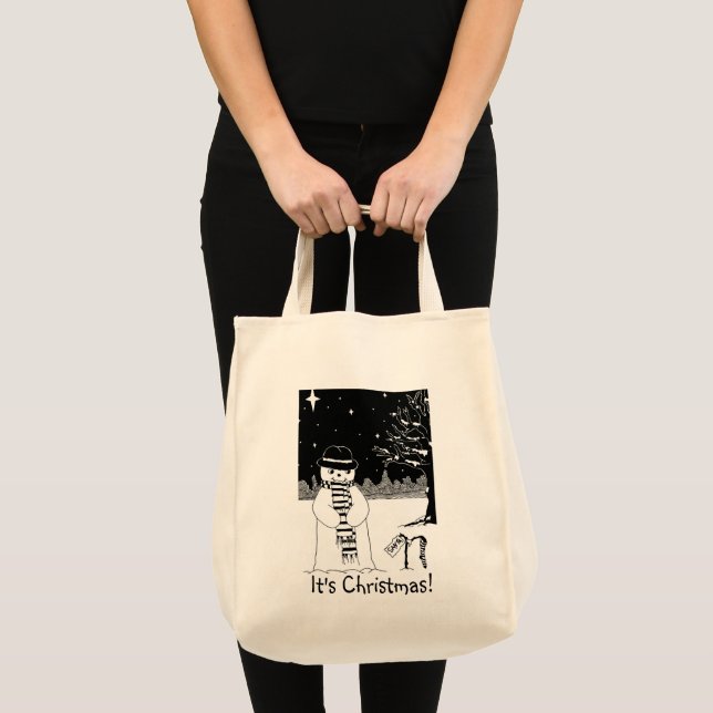 snowman snow scene black and white christmas tote bag (Front (Product))