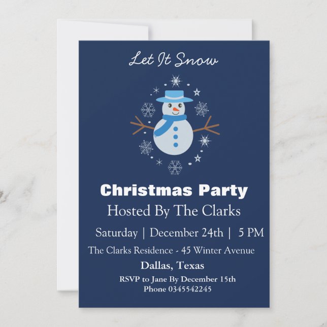 Snowman Snowflake  Dark Blue  Christmas Party  Invitation (Front)