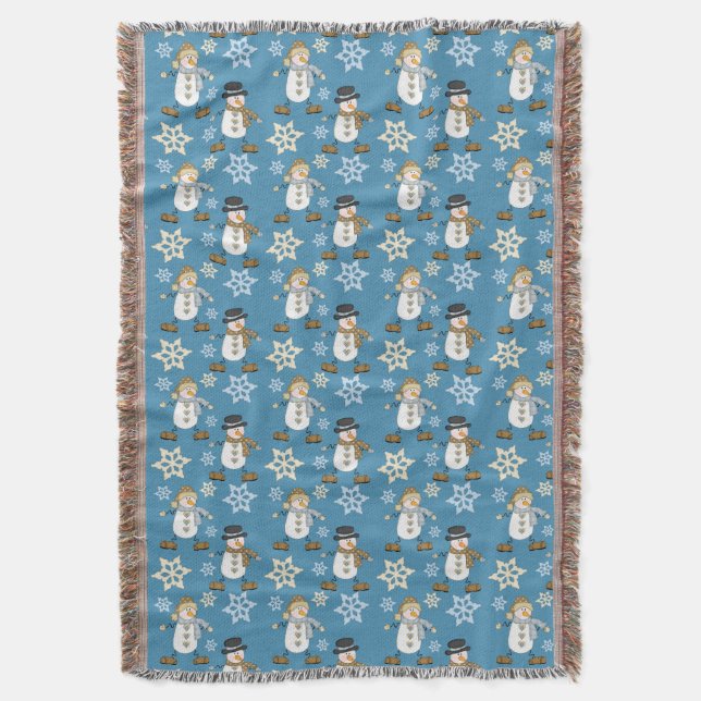 Snowman Snowflake Pattern on Blue Throw Blanket (Front Vertical)