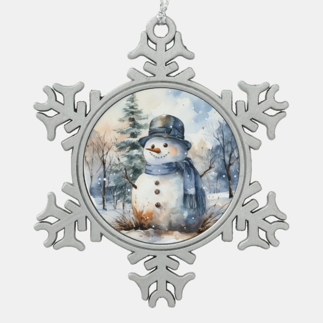 Snowman Snowflake Pewter Christmas Ornament (Front)